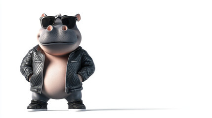 Cool cartoon hippo character wearing stylish leather jacket and sunglasses, exuding confidence and attitude. This fun design captures playful vibe perfect for various creative projects