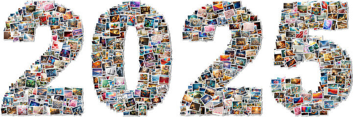 Photo collage forming the year 2023 with various colorful images