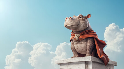 proud hippo character in superhero outfit stands confidently on pedestal, gazing into distance against backdrop of fluffy clouds and bright sky