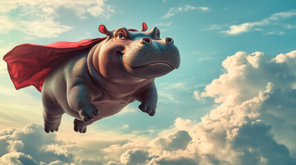 Joyful hippo in superhero cape flying through sky, showcasing whimsical and adventurous spirit. vibrant colors and dynamic pose evoke sense of fun and imagination