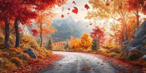 A scenic autumn landscape featuring vibrant fall foliage along a winding road. The warm colors and serene atmosphere create a peaceful escape. Perfect for nature lovers. AI
