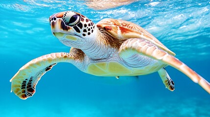 Fototapeta premium A green sea turtle swims gracefully through clear blue water, its head tilted towards the camera.