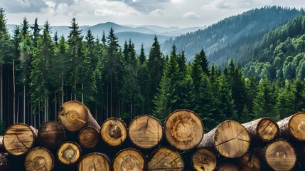 A serene landscape featuring stacked logs in the foreground and dense forests with distant mountains under a cloudy sky.