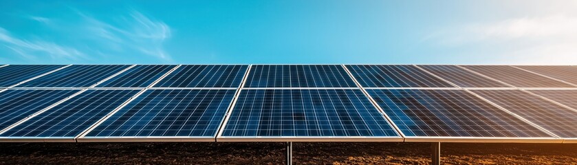 Obraz premium A panoramic view of solar panels under a clear blue sky, showcasing renewable energy solutions and sustainability in modern technology.