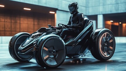 A futuristic vehicle equipped with adaptive driving technology, allowing a person with limited mobility to operate it effortlessly, with a focus on the innovative controls