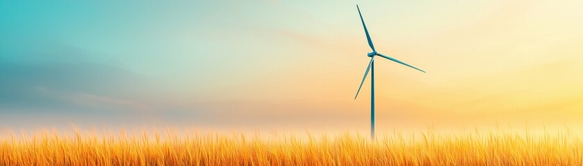 A serene landscape featuring a wind turbine against a vibrant sunset sky, with golden wheat fields in the foreground.