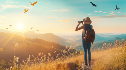 Adventurous woman birdwatching at sunrise in scenic mountain view