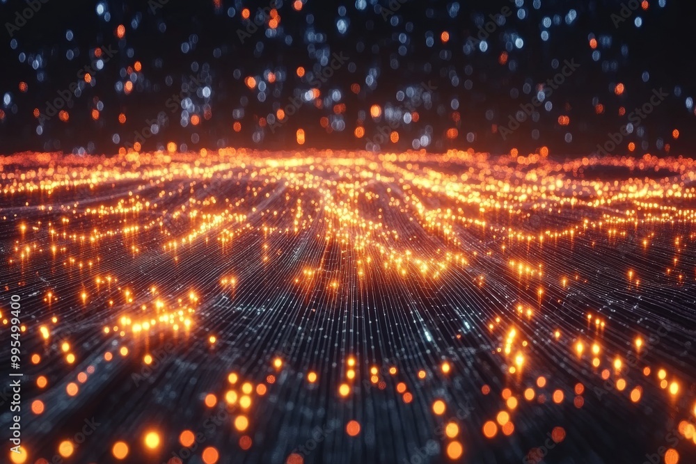 Poster abstract digital landscape with glowing orange lights representing data transmission network connect