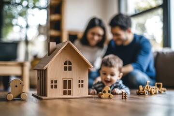 Wooden toy house and cars with parents and children playing in the background
