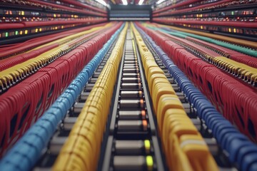 Obraz premium Rows of brightly colored cables in a server room representing network cabling data management and secure communication in high performance IT infrastructure