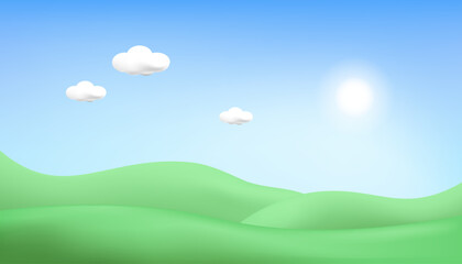 Fototapeta premium 3d landscape mountain and hills illustration with 3d trees, cloud and sun. vector illustration. 