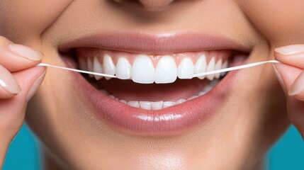 close-up profile shot of a woman showing off her flawless white teeth while holding a dental floss, a smile that radiates health and hygiene