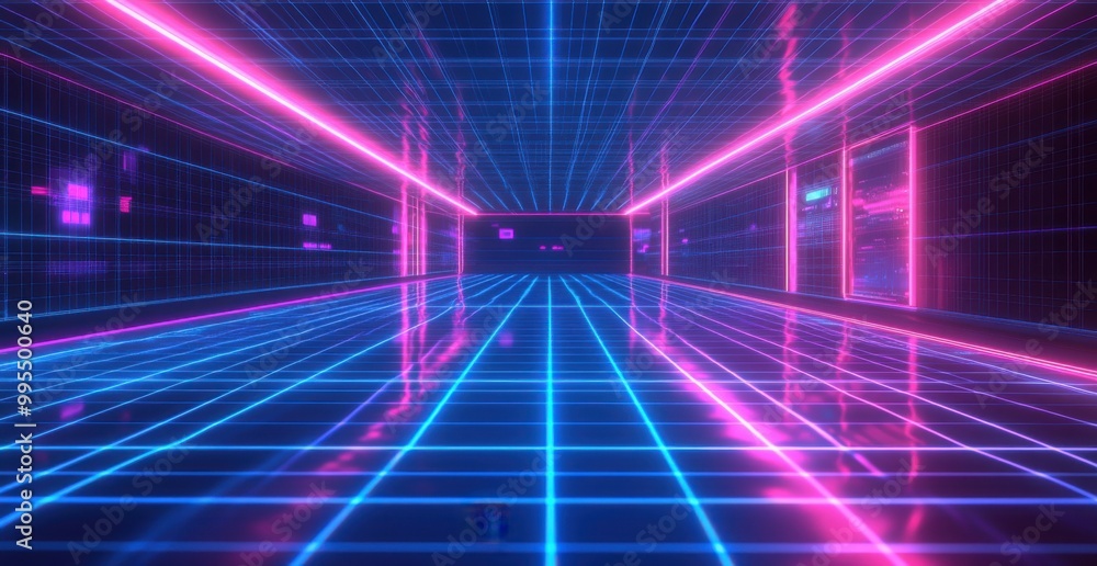 Poster futuristic digital corridor with blue grid background and neon pink lines creating a high-tech sci-f