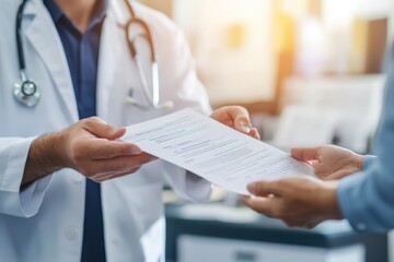 A doctor hands a patient a document in a medical setting.
