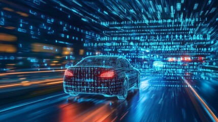 Digital interface with binary coding over a car driving, symbolizing global connections and data processing
