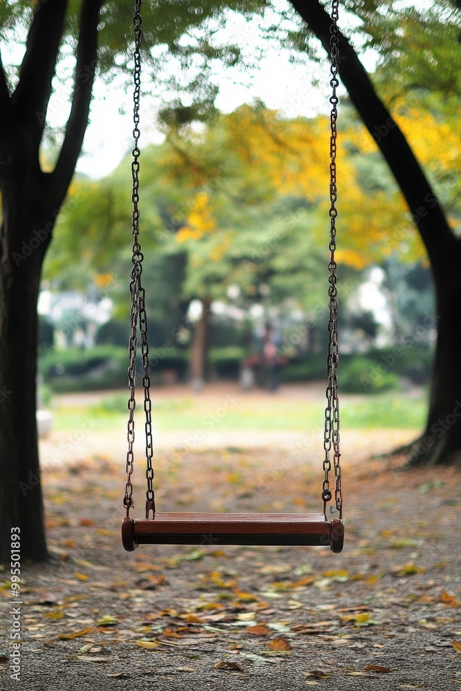 Poster nostalgic empty swing in a serene park setting