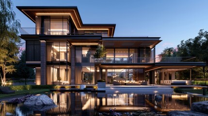 Obraz premium 3d rendering of modern house by the river at morning, house, luxury, villa, modern, architecture, building, exterior, residential, property, designer
