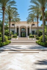 A stunning luxury mansion with palm trees, lush landscaping, and a grand entrance, bathed in bright sunlight.