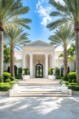 Obraz premium A stunning entrance to a luxurious estate, featuring elegant architecture, palm trees, and lush greenery under a bright blue sky.