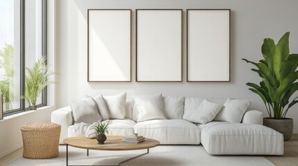 Light living room with sofas, a rattan table, and a soft carpet. 
