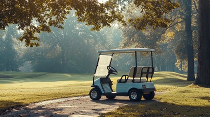 Morning light filters through trees onto an unoccupied blue and white golf cart on a peaceful golf course.