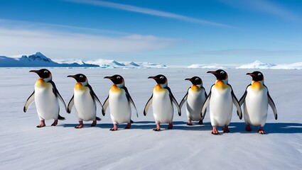 Obraz premium This image captures the essence of penguin life, emphasizing their remarkable ability to work together as they navigate the challenging environment of Antarctica.
