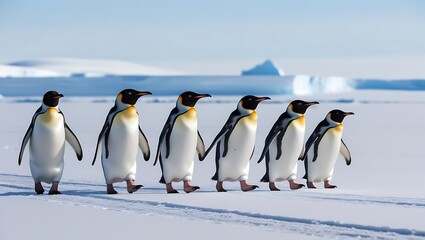 Obraz premium This image captures the essence of penguin life, emphasizing their remarkable ability to work together as they navigate the challenging environment of Antarctica.