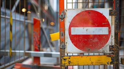 A red and white circular prohibition sign symbol hanging on a gate, indicating restricted access to a construction site.