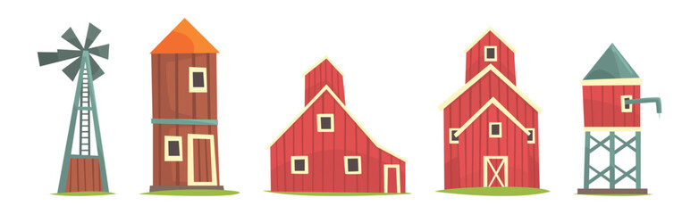 Barn Rural House and Granary Construction Vector Set