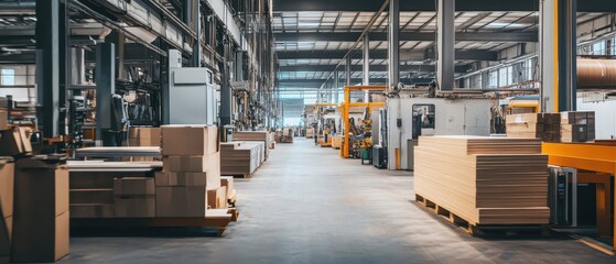 Naklejka premium A spacious industrial warehouse filled with machinery, stacks of materials, and organized workspaces, showcasing a productive manufacturing environment.