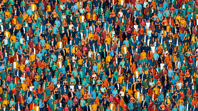 Large group of different isometric people. Big mixed crowd of city dwellers in casual clothes. Group of male and female. Community and diversity concept. Low detail. Flat style vector Illustration