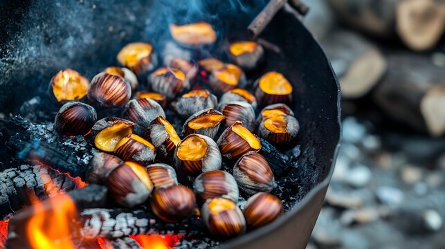 A detailed close up view of roasted chestnuts being cooked over an open fire with cracked shells revealing the golden delicious nuts inside  This seasonal