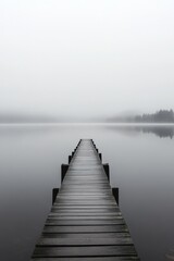 Serene Footbridge Over Calm Waters in Misty Landscape