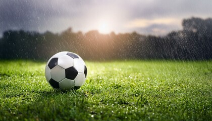 Fototapeta premium Raindrops and Rivalry: A Close-Up of Soccer in Wet Conditions