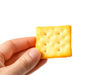 Hand holding cheese crackers isolated on white transparent background. Concept of snack food and appetizers