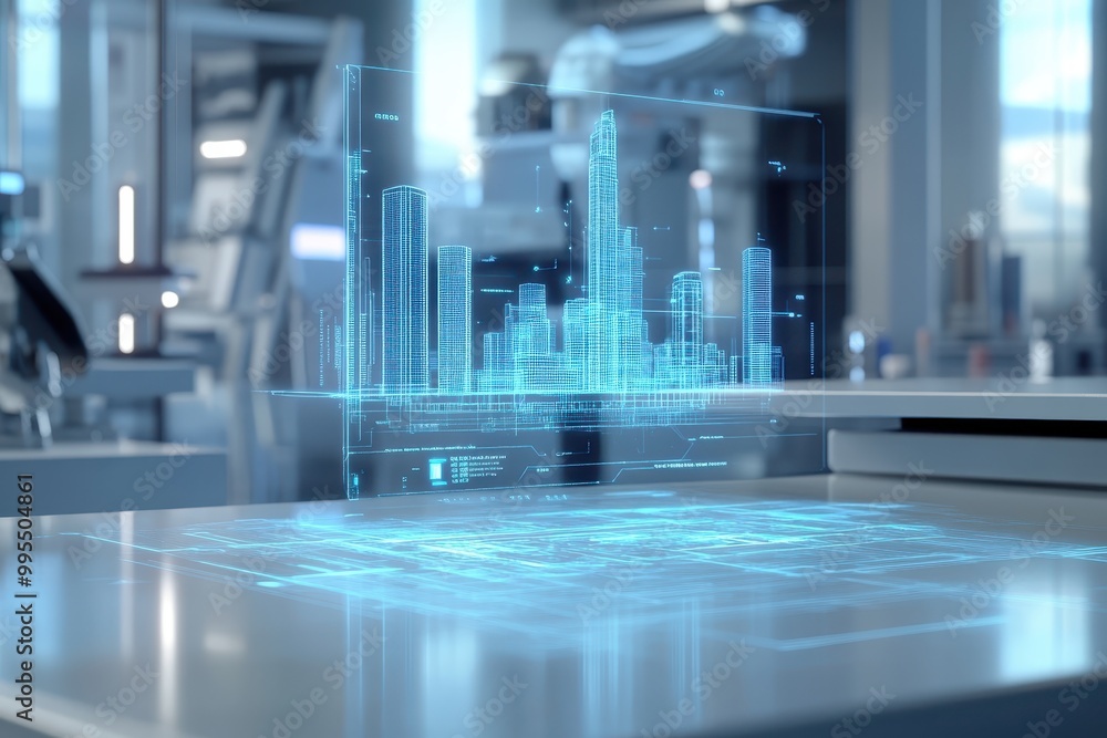 Poster a futuristic holographic cityscape displayed on a table in a high-tech environment.