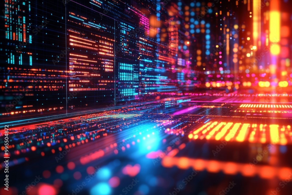 Aufkleber abstract glowing cityscape with red and blue digital light trails symbolizing data flow high speed c