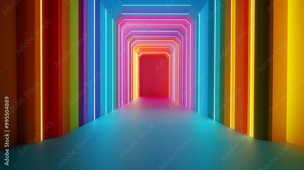Poster Captivating 3D featuring a visually striking composition of vibrant multicolored geometric patterns with dynamic lighting effects creating a futuristic and visionary aesthetic