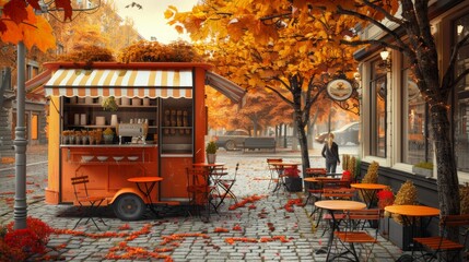 Charming street scene  vibrant autumn foliage frames a unique mobile coffee shop experience