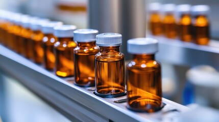 Medical vials on production line at pharmaceutical factory, Pharmaceutical machine working pharmaceutical glass bottles production line, health care, pandemic