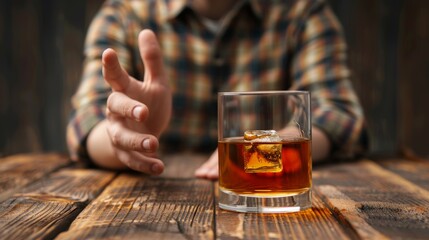 man refuses say no and avoid to drink an alcohol whiskey , stopping hand sign male, alcoholism treatment, alcohol addiction, quit booze, Stop Drinking Alcohol. Refuse Glass liquor, unhealthy, reject