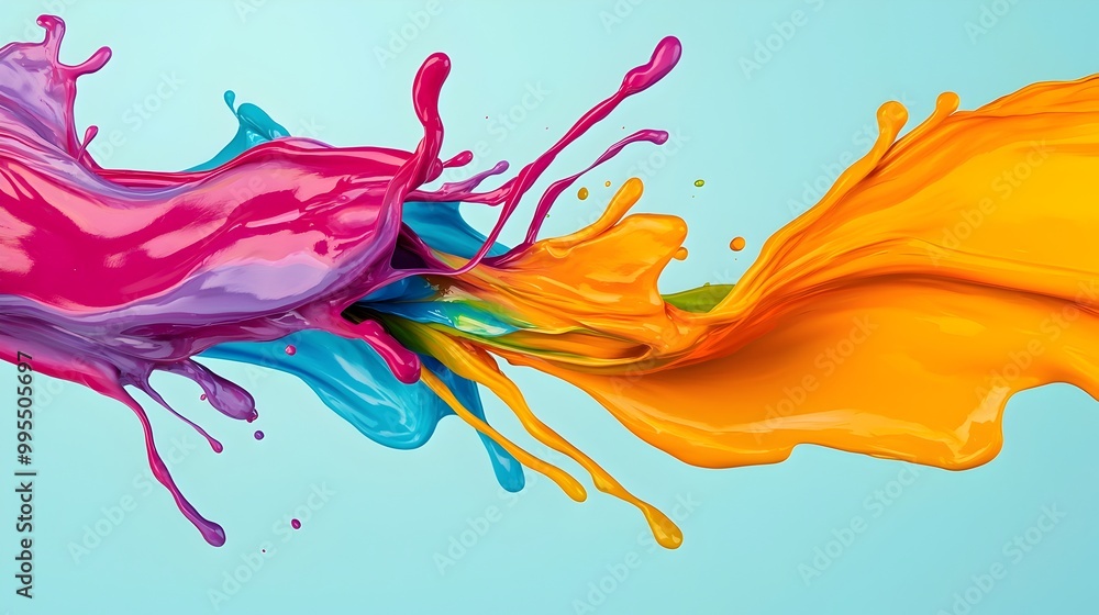 Poster Captivating abstract fluid motion 3D digital featuring vibrant color splashes and mesmerizing geometric patterns