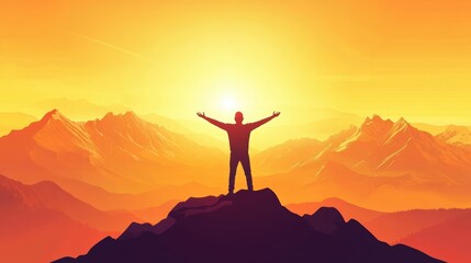 Silhouette of business male stand and feel happy on the most hight at the mountain on sunset, success, leader, teamwork, target, Aim, confident, achievement, goal, on plan, finish, generate by AI