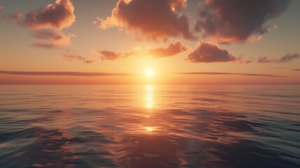 A picturesque sunrise over a calm ocean with the sun rising above the horizon.