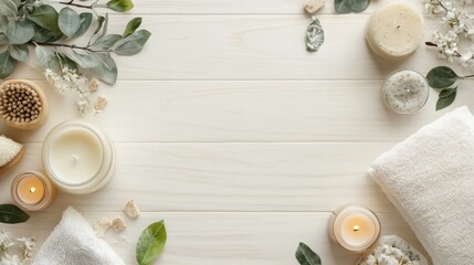 Beautiful spa treatment composition such as Towels, candles, essential oils, Massage Stones on light wooden background. blur living room, natural creams and moisturizing Healthy lifestyle, body care..