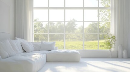 White living room with a sofa and a summer landscape outside, in Scandinavian design.