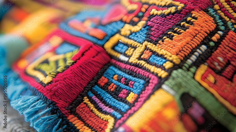 Poster close up of a richly patterned and colorful handwoven textile featuring intricate geometric designs 