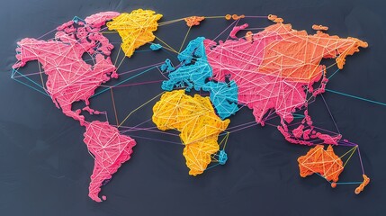 Colorful String Art World Map with Interconnected Continents