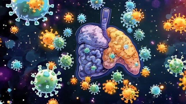 A cartoon of a lung with a virus in it. The lung is split into two parts, one of which is orange and the other is blue. The virus is spread throughout the lung