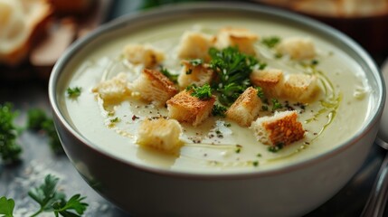 A bowl of creamy asparagus soup with croutons.